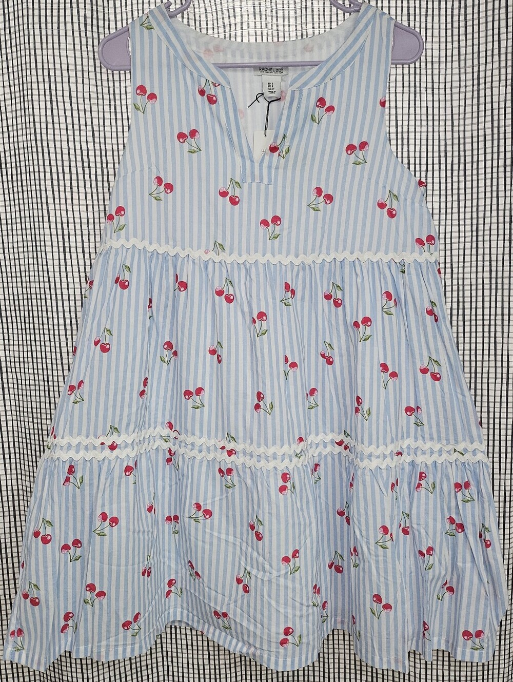 NWT Rachel Zoe Blue Stripe Cherry Print Tiered Mini Dress Ric-Rac Trim Sz 2